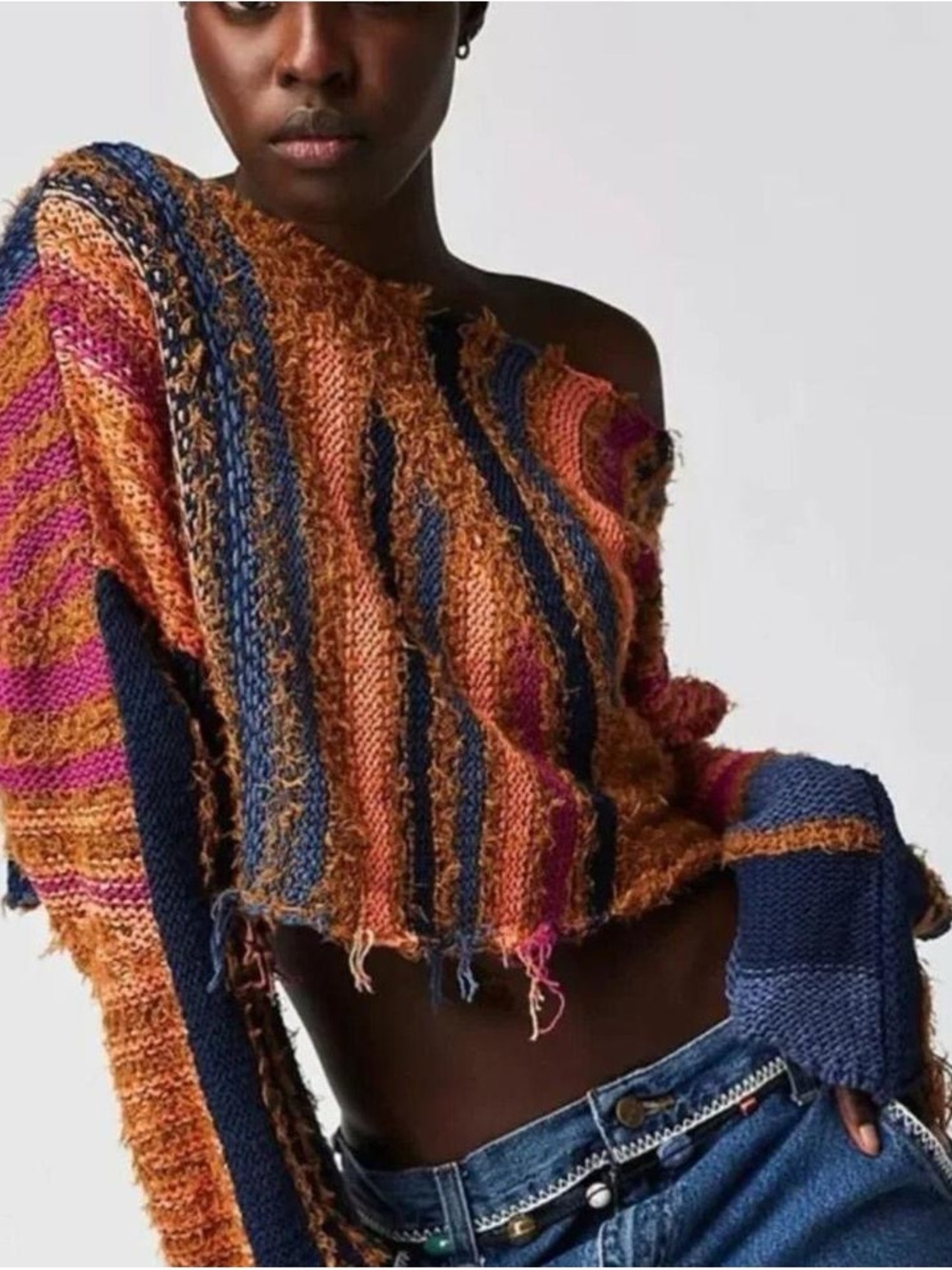 Free People Striped Off-Shoulder Cropped Sweater in Orange, Navy & Pink